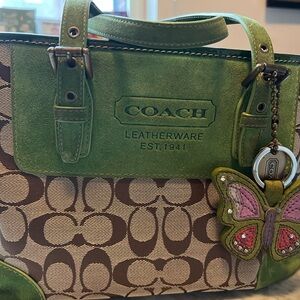 Coach Green and Brown Signature Satchel with bonus Coach butterfly key chain
